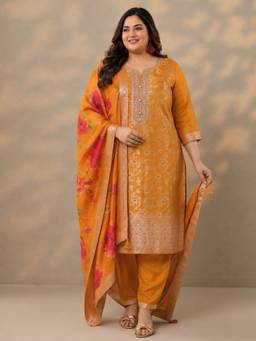 Extra love by Libas - Women Silk Blend Orange Kurta With Pant & Dupatta