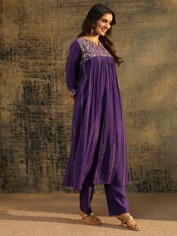 Libas - Women Chanderi Purple Kurta With Pant & Dupatta