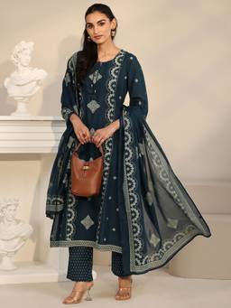 Libas - Women Cotton Blue Kurta With Pant & Dupatta