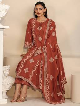 Libas - Women Cotton Rust Kurta With Pant & Dupatta