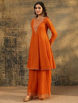 Libas - Women Chanderi Orange Kurta With Palazzo & Dupatta