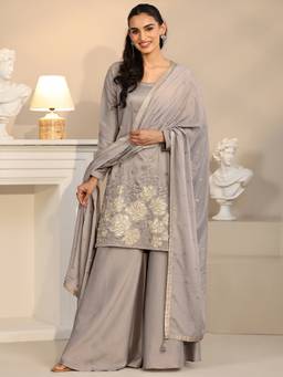 Libas - Women Silk Blend Grey Kurta With Palazzo & Dupatta