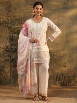 Libas - Women Cotton Off White Kurta With Pant & Dupatta