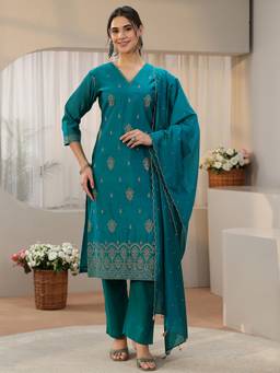Libas - Women Chanderi Silk Blue Kurta With Pant & Dupatta