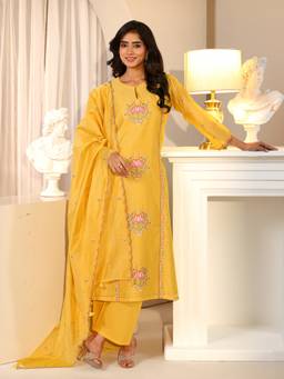 Libas - Women Chanderi Silk Yellow Kurta With Pant & Dupatta