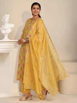 Libas - Women Chanderi Silk Yellow Kurta With Pant & Dupatta