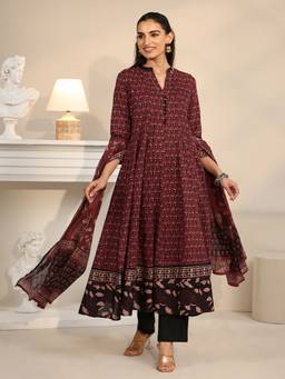 Libas - Women Cotton Rust 1 Anarkali Kurta, 1 Pant, 1 Dupatta