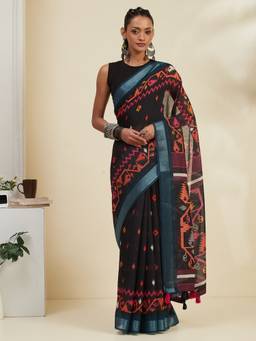 Garden VARELI - Women Linen Blend Black Handloom Saree
