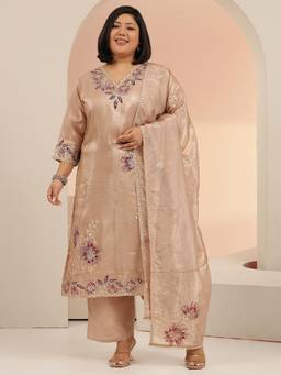 Extra love by Libas - Women Organza Beige Kurta With Pant & Dupatta