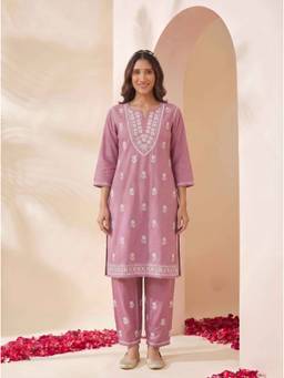 Doriyaan - Women Cotton Pink Kurta with Pant