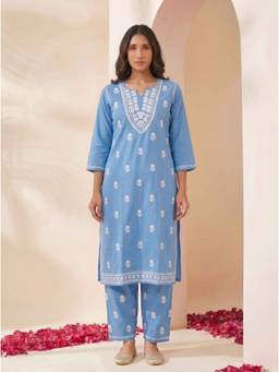 Doriyaan - Women Cotton Blue Kurta with Pant