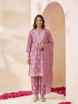Doriyaan - Women Cotton Pink Kurta With Pant & Dupatta