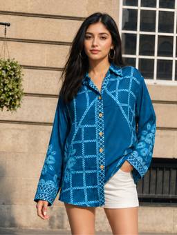 KAFTANIZE - Women Crepe Blue Shirt