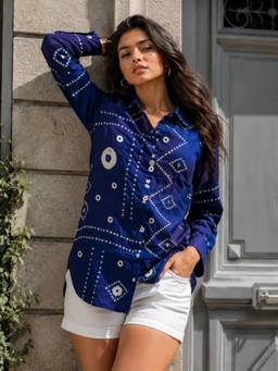 KAFTANIZE - Women Crepe Blue Shirt
