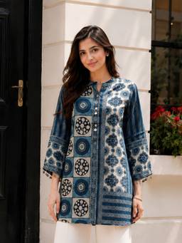 KAFTANIZE - Women Crepe Blue Shirt