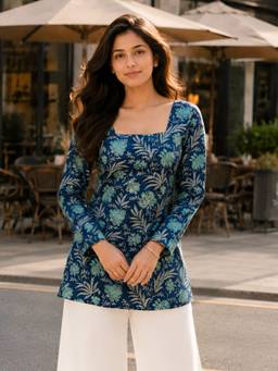 KAFTANIZE - Women Cotton Turquoise Tunic