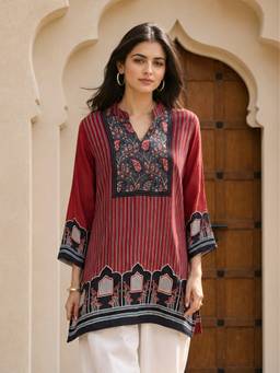 KAFTANIZE - Women Crepe Maroon Tunic