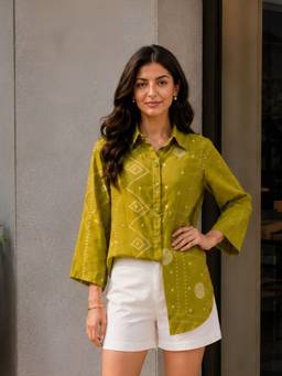 KAFTANIZE - Women Cotton Green Shirt