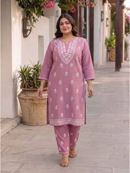 Miravan - Women Cotton Pink Kurta with Pant
