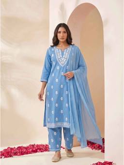 Miravan - Women Cotton Blue Kurta With Pant & Dupatta