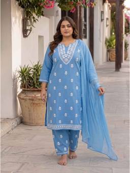 Miravan - Women Cotton Blue Kurta With Pant & Dupatta