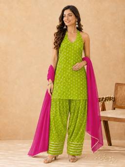 Kaori By Shreya - Women Cotton Green Kurta with Salwar & Dupatta