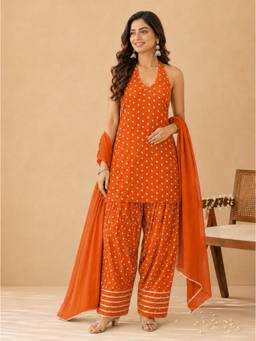 Kaori By Shreya - Women Cotton Orange Kurta with Salwar & Dupatta