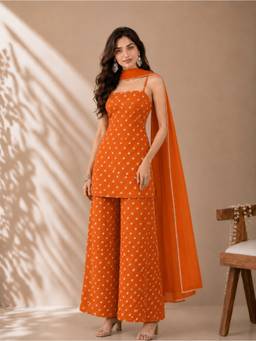 Kaori By Shreya - Women Cotton Orange Kurta With Palazzo & Dupatta