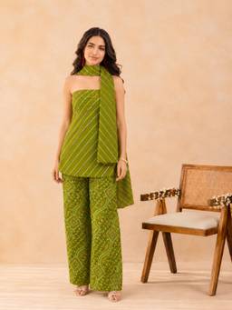 Kaori By Shreya - Women Cotton Green Kurta With Palazzo & Dupatta