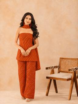 Kaori By Shreya - Women Cotton Orange Kurta With Palazzo & Dupatta