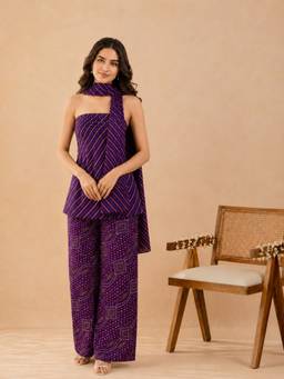 Kaori By Shreya - Women Cotton Purple Kurta With Palazzo & Dupatta