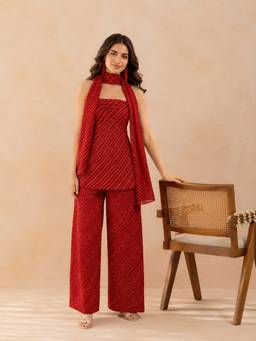 Kaori By Shreya - Women Cotton Red Kurta With Palazzo & Dupatta