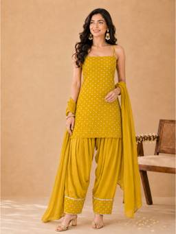 Kaori By Shreya - Women Cotton Yellow Kurta with Salwar & Dupatta