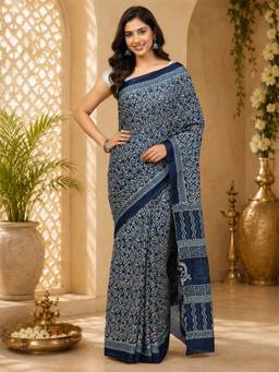 KISHORI - Women Pure Cotton Blue Printed Saree