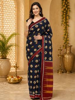 KISHORI - Women Pure Cotton Navy Blue Printed Saree