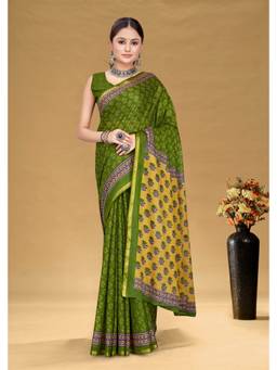 URBAN PALLU - Women Pure Cotton Green Printed Saree