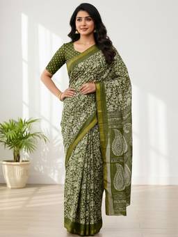 URBAN PALLU - Women Pure Cotton Green Printed Saree