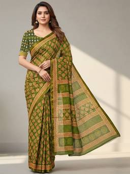 URBAN PALLU - Women Pure Cotton Green Printed Saree