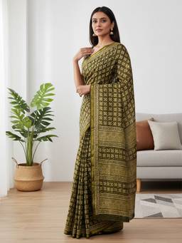 URBAN PALLU - Women Pure Cotton Green Printed Saree