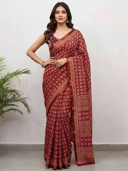 URBAN PALLU - Women Pure Cotton Maroon Printed Saree