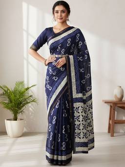URBAN PALLU - Women Pure Cotton Navy Blue Printed Saree