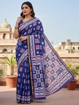 URBAN PALLU - Women Pure Cotton Blue Printed Saree