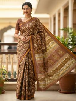 URBAN PALLU - Women Pure Cotton Brown Printed Saree