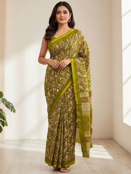 URBAN PALLU - Women Pure Cotton Green Printed Saree