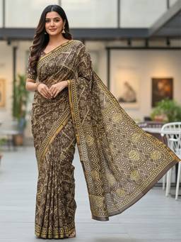 URBAN PALLU - Women Pure Cotton Brown Printed Saree