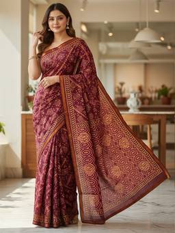 URBAN PALLU - Women Pure Cotton Maroon Printed Saree