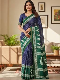 URBAN PALLU - Women Pure Cotton Blue Printed Saree