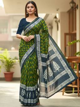 URBAN PALLU - Women Pure Cotton Green Printed Saree