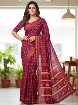 URBAN PALLU - Women Pure Cotton Maroon Printed Saree