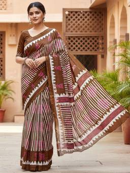URBAN PALLU - Women Pure Cotton Brown Printed Saree